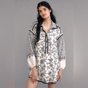 By Anthropologie Puff-Sleeve Mini Shirt Dress Size M Black White Embroidered Boh
